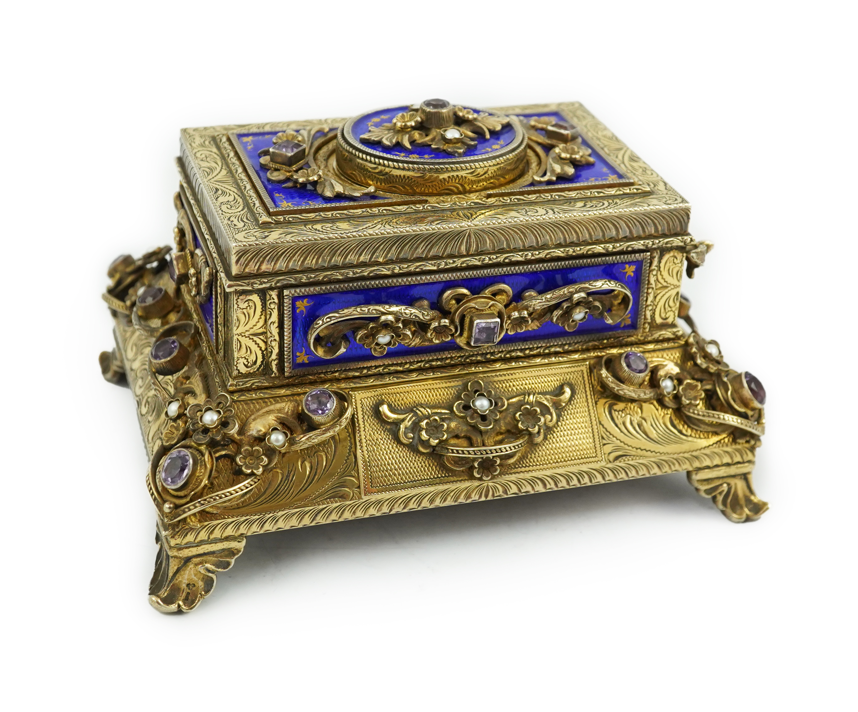 A late Karl Griesbaum Model 17 silver gilt, blue enamel, amethyst and cultured pearl set automaton singing bird box